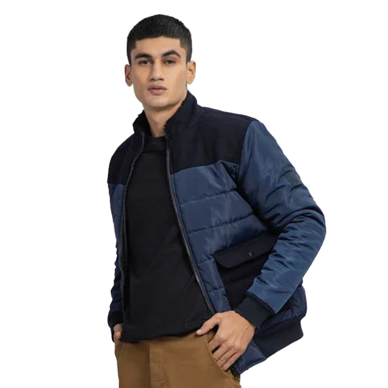 Navy Blue Contrasting Wool Puffer Jacket