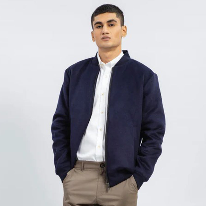 Navy Blue Wool Bomber Jacket