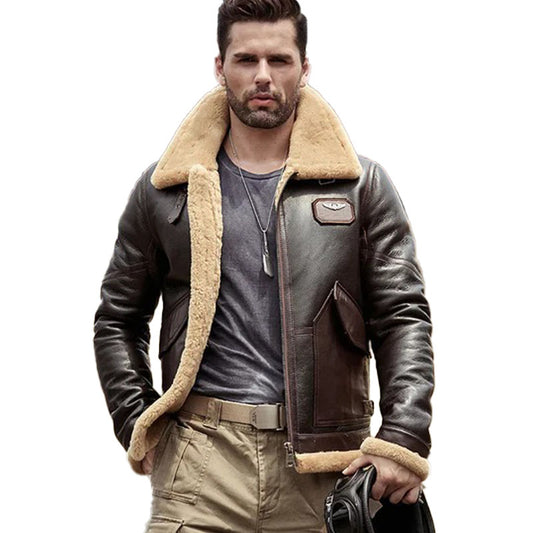 Mens Brown Sheepskin Shearling Leather Jacket Coat