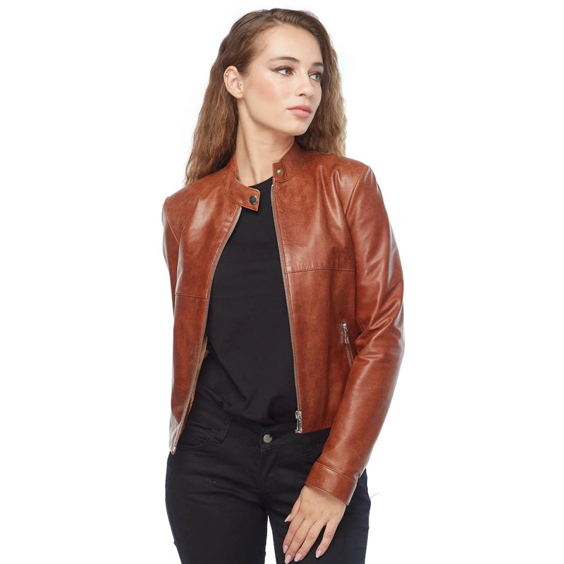 Women’s Real Brown Leather Moto Jacket