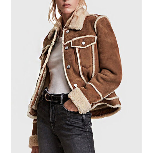 Women’s Tan Shearling Leather Trucker Jacket