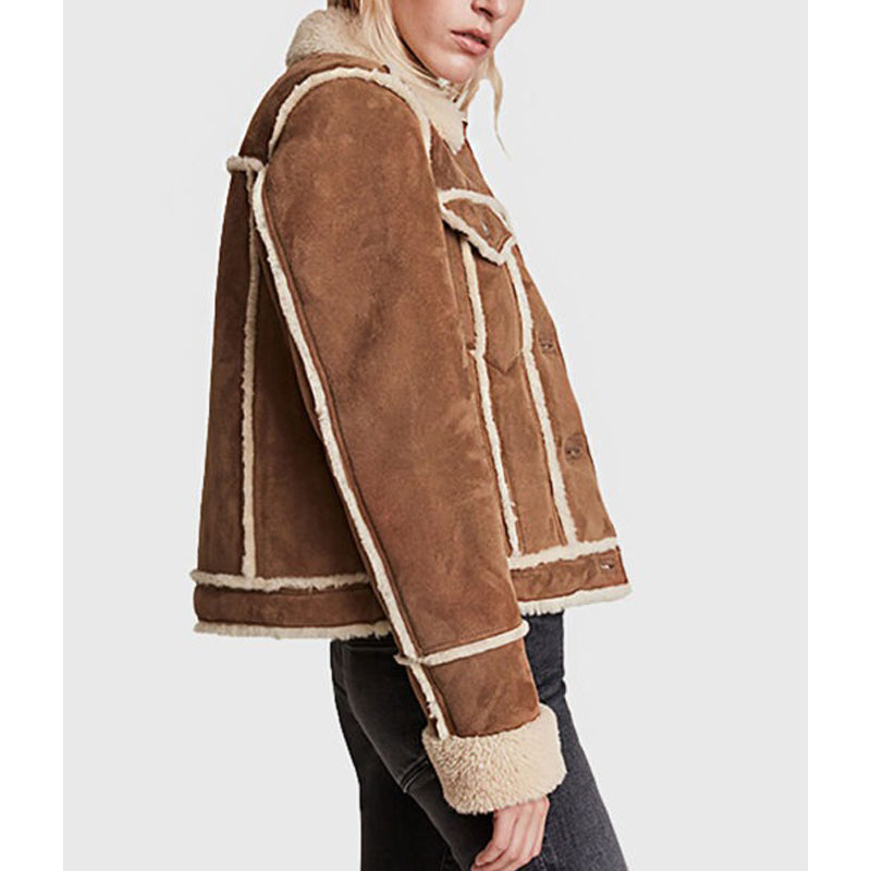 Women’s Tan Shearling Leather Trucker Jacket
