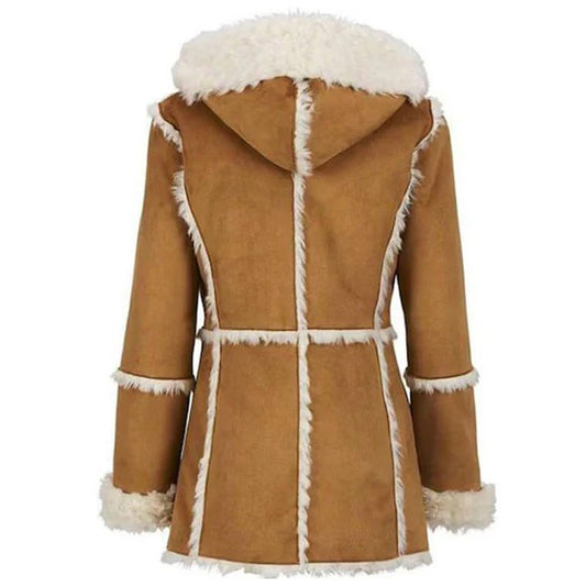 Women Suede Leather Shearling Fur Overcoat