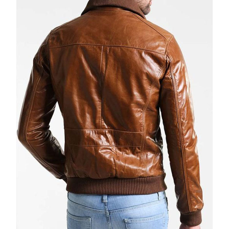 Mens Bomber Shining Brown Leather Jacket