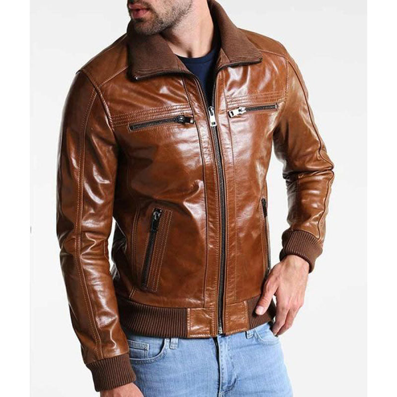 Mens Bomber Shining Brown Leather Jacket