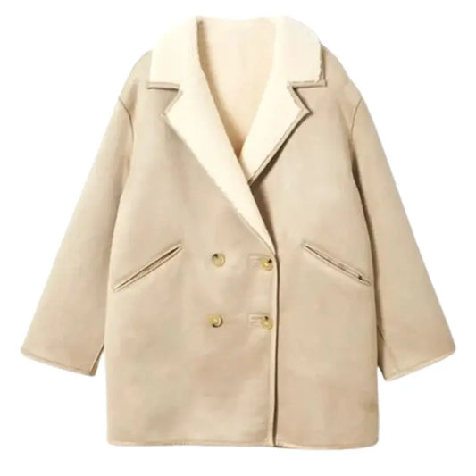 Women Beige Shearling Leather Coat