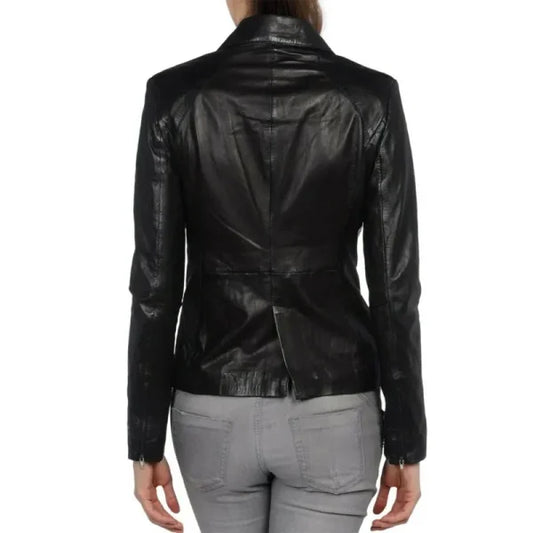 Women Black Real Leather Blazer