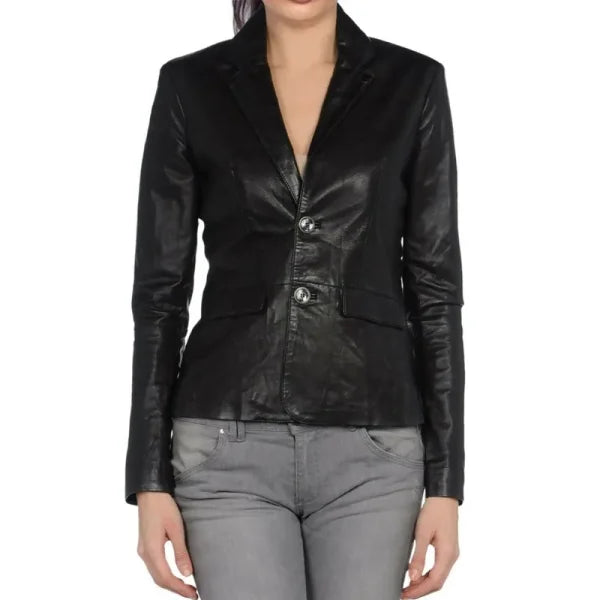 Women Black Genuine Leather Blazer