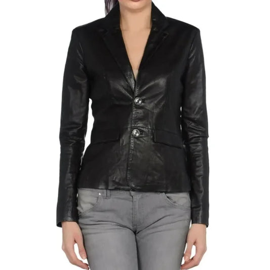 Women Black Genuine Leather Blazer