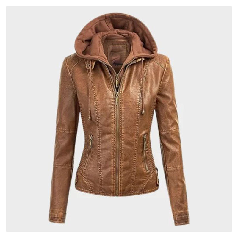 Women Removable Brown Hooded Jacket
