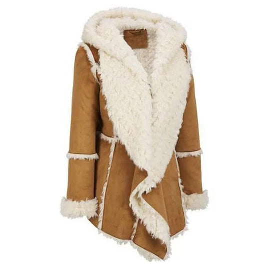 Women Suede Leather Shearling Fur Overcoat