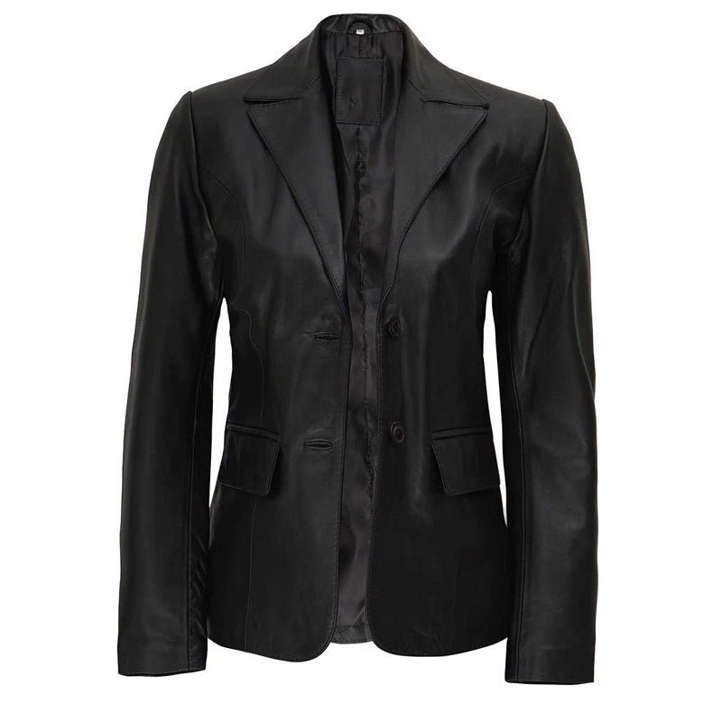 Women's Two Button Black Leather Blazer Jacket
