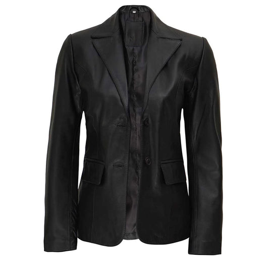 Women's Two Button Black Leather Blazer Jacket