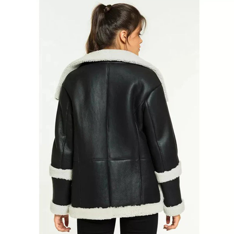 Women’s Black Leather White Shearling Coat