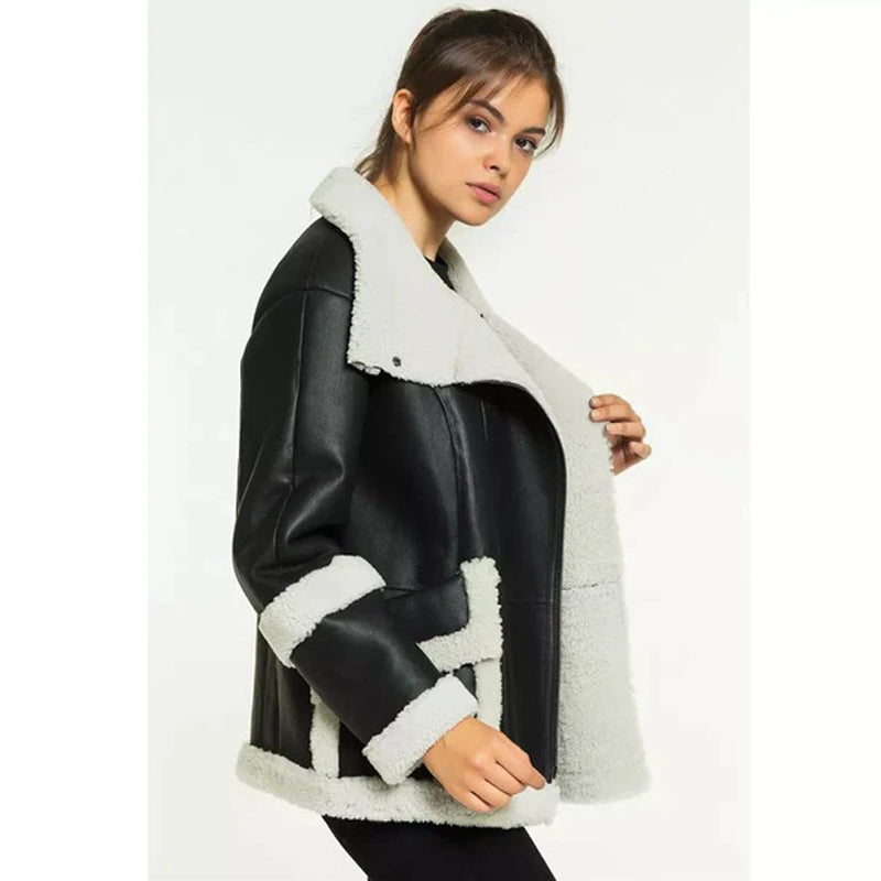 Women’s Black Leather White Shearling Coat