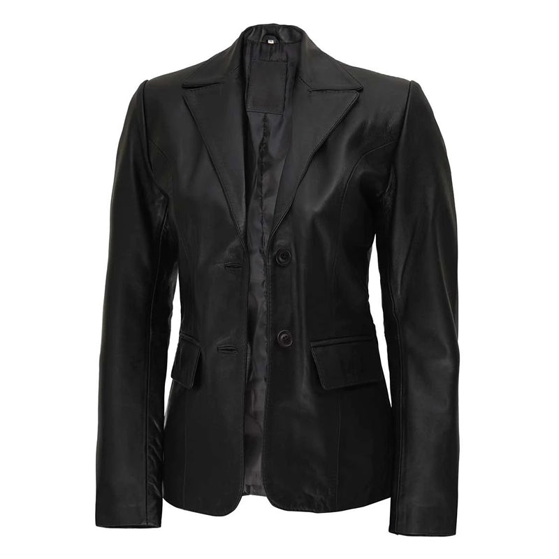 Women’s Two Button Black Leather Blazer Jacket