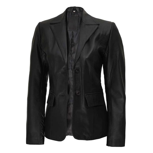 Women’s Two Button Black Leather Blazer Jacket