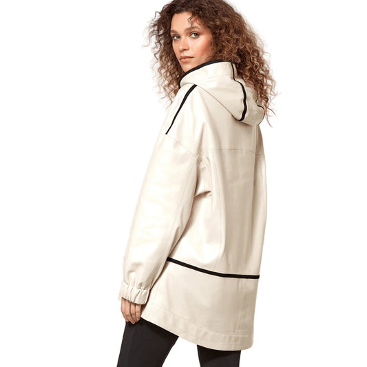 Women’s Real Beige Leather Hooded Jacket