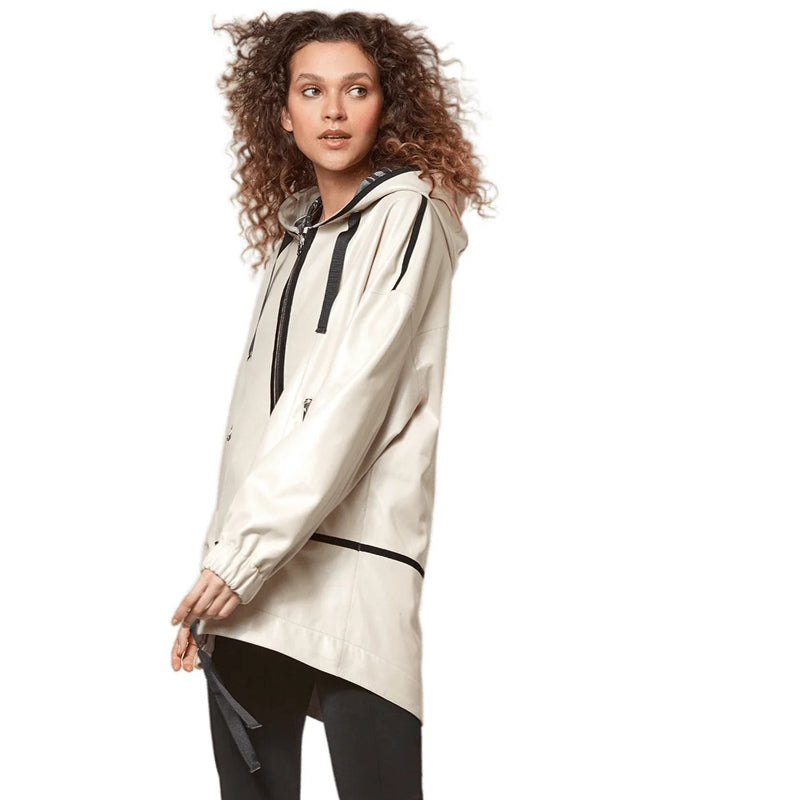 Women’s Real Beige Leather Hooded Jacket