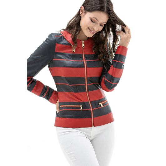 Women’s Real Navy & Red Leather Jacket