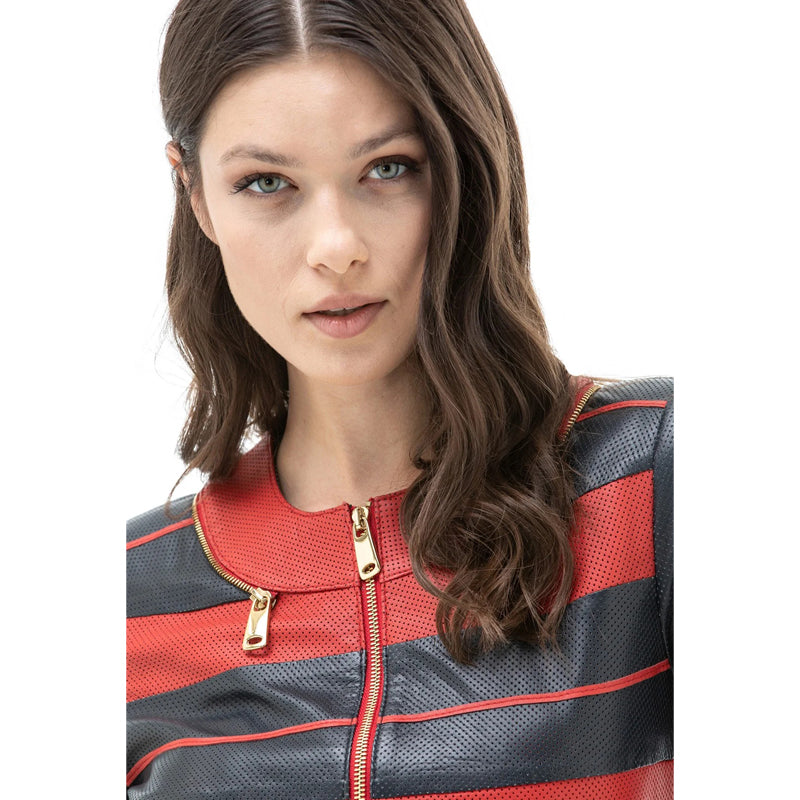 Women’s Real Navy & Red Leather Jacket