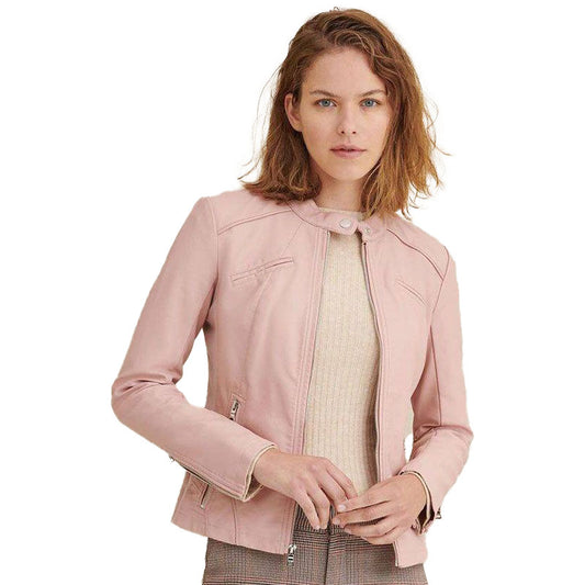 Women’s Baby Pink Biker Leather Jacket