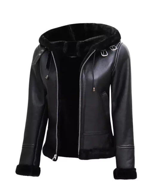 Women’s Black Shearling Leather Jacket With Hood