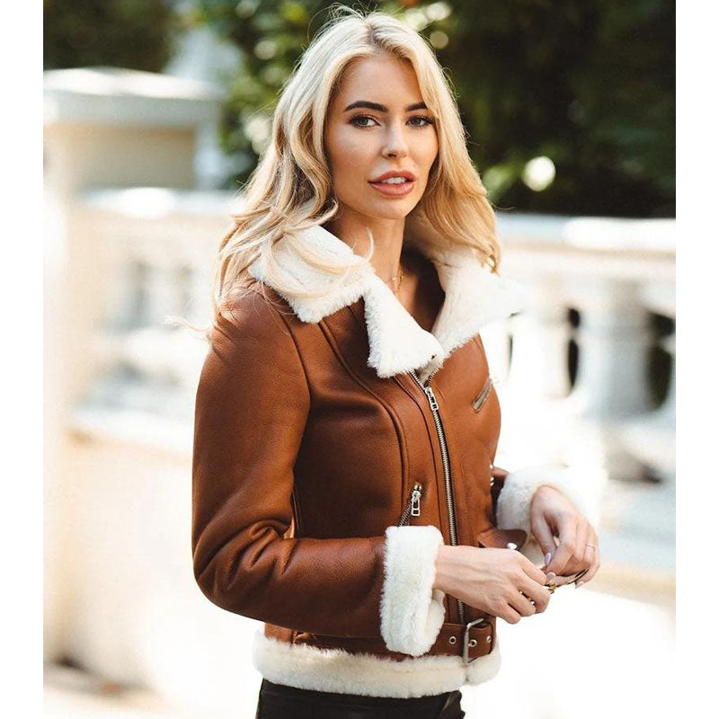 Womens Chestnut Aviator Shearling Jacket