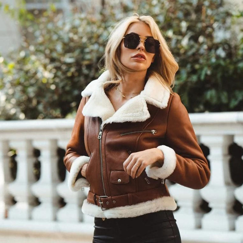 Womens Chestnut Aviator Shearling Jacket