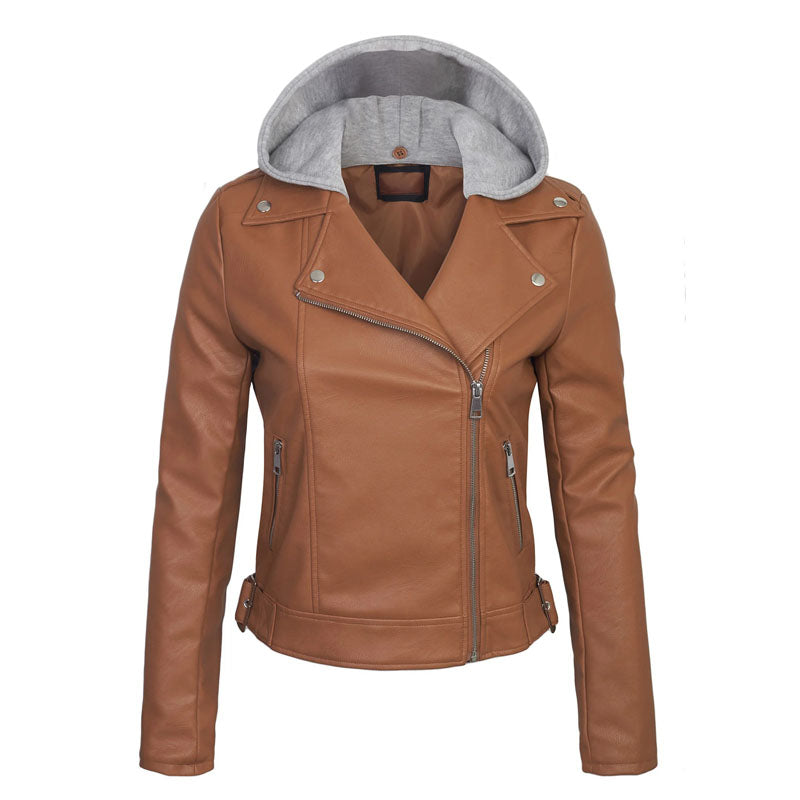 Women’s Faux PU Leather Jacket with Hoodie
