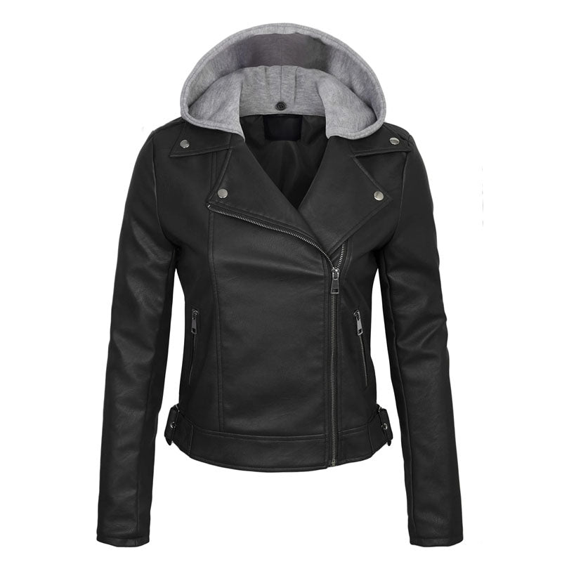 Women’s Faux PU Leather Jacket with Hoodie