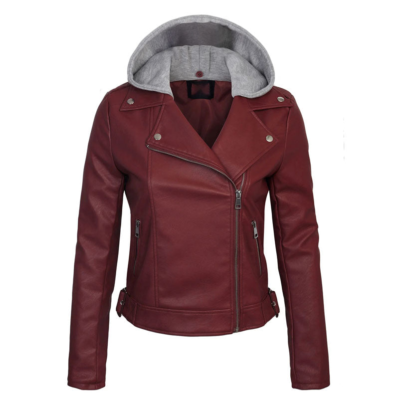 Women's Faux PU Leather Jacket with Hoodie
