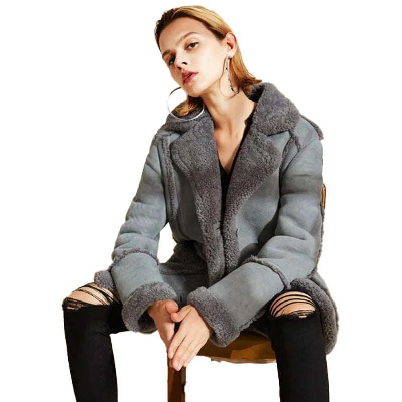 Womens Gray Sheepskin Shearling Jacket Coat