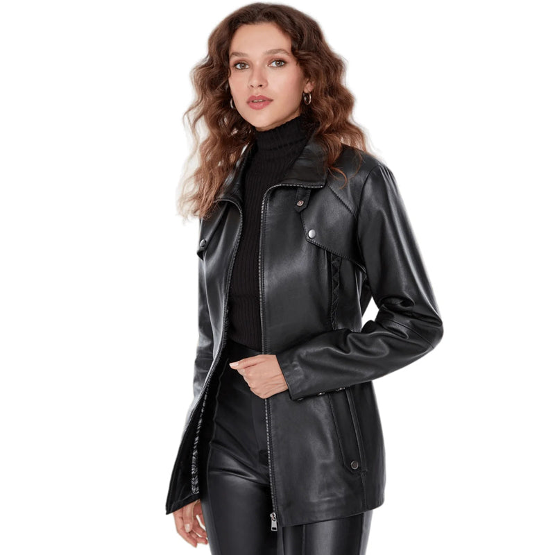 Women’s Real Black Leather Hip Length Coat