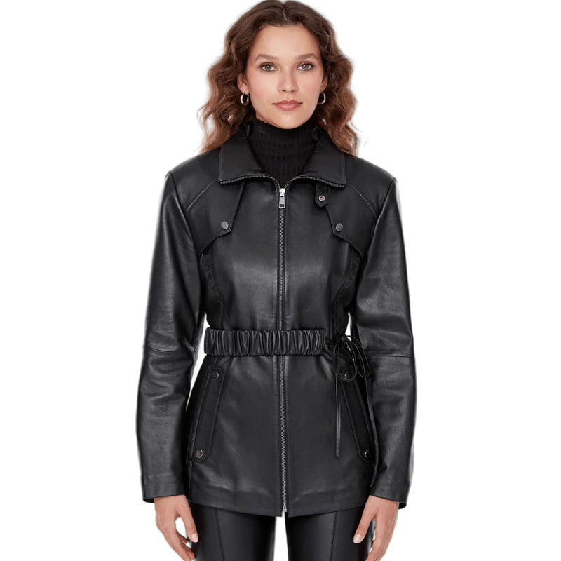 Women’s Real Black Leather Hip Length Coat