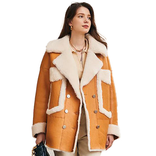 Womens Shearling Sheepskin Aviator Coat