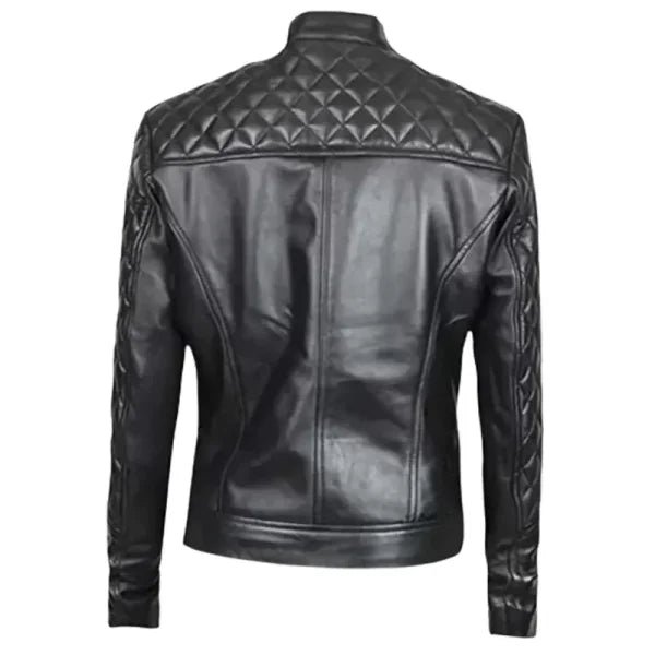 Women’s Black Quilted Leather Jacket With Snap Tab Collar