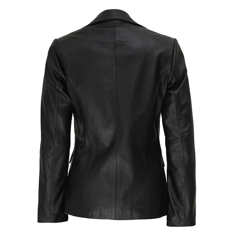 Women’s Two Button Black Leather Blazer Jacket