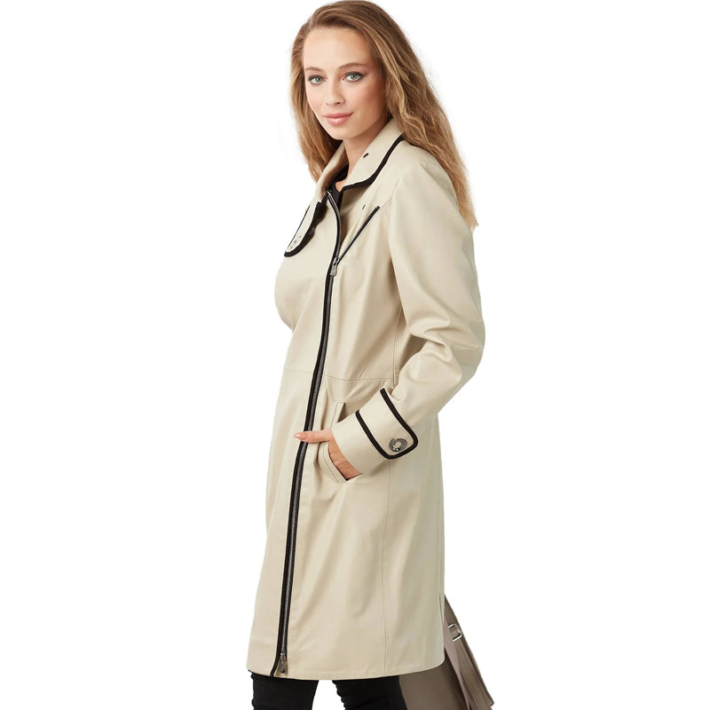 Women’s Real Beige Leather Trench Alaska Coat