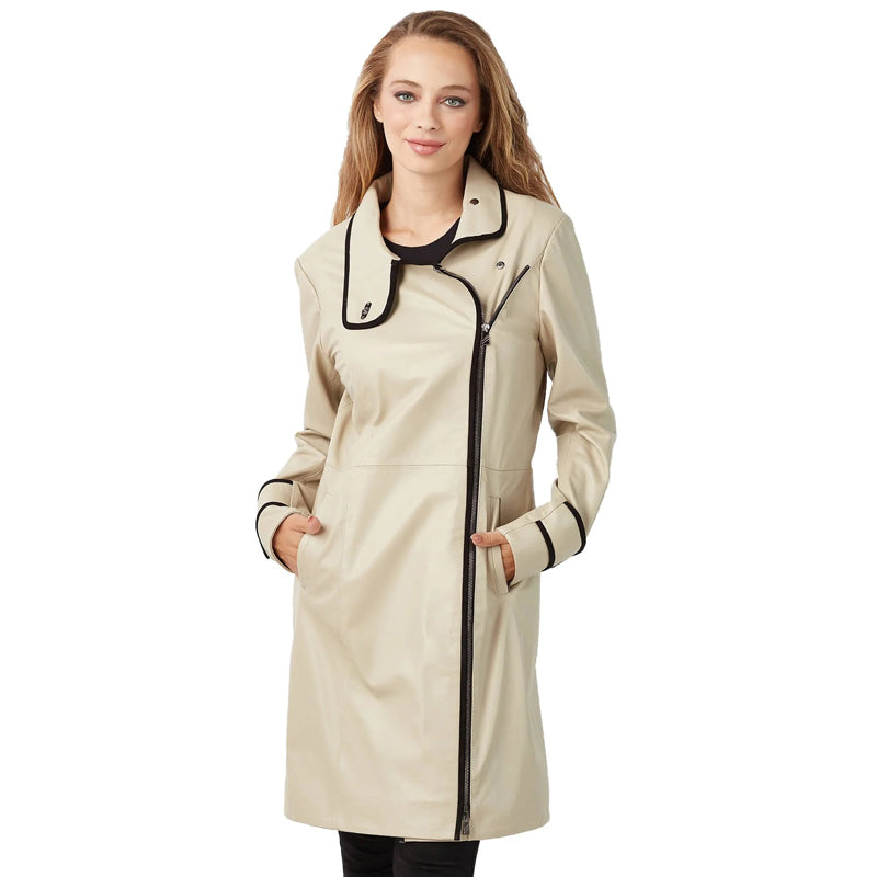 Women’s Real Beige Leather Trench Alaska Coat