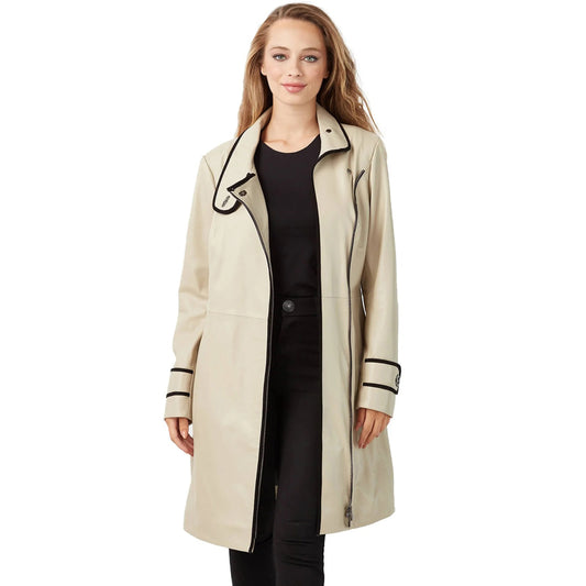 Women’s Real Beige Leather Trench Alaska Coat