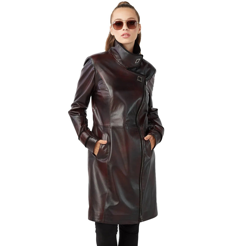 Women’s Real Claret Red Leather Trench Coat