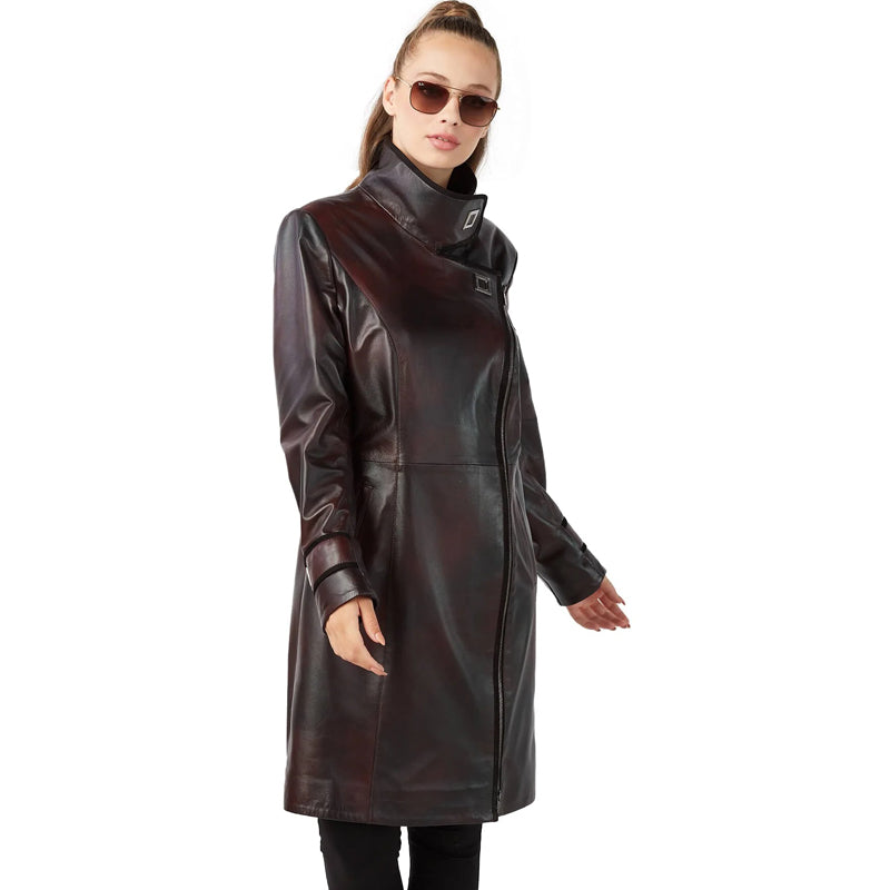Women’s Real Claret Red Leather Trench Coat
