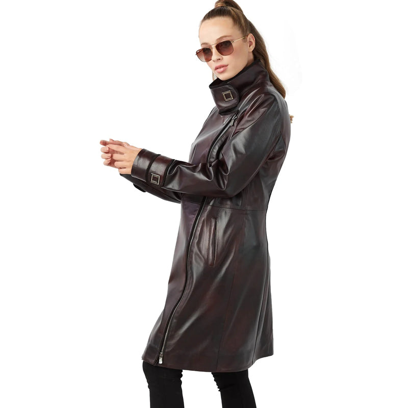 Women’s Real Claret Red Leather Trench Coat