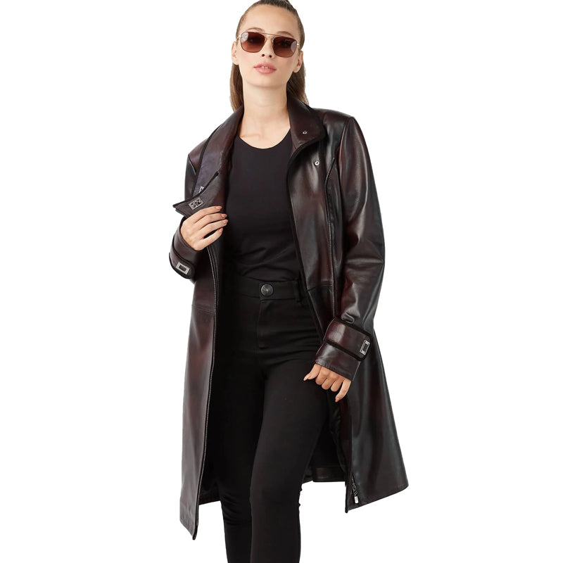 Women’s Real Claret Red Leather Trench Coat