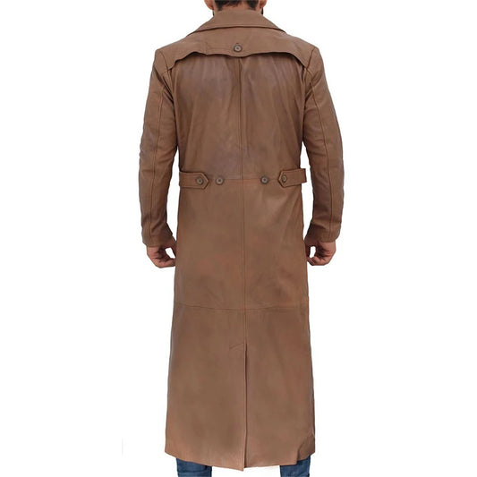 Brown Men Leather Long Duster Coat