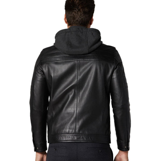 Men’s Real Black Leather Hooded Fit Jacket