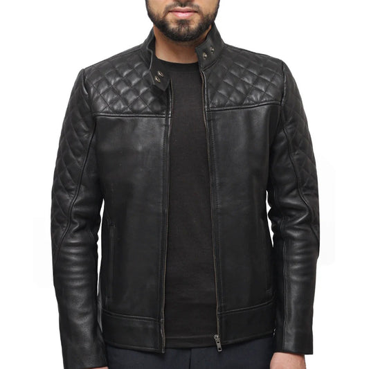 Mens Quilted Black Leather Jacket