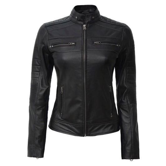 Women's Black Cafe Racer Leather Jacket