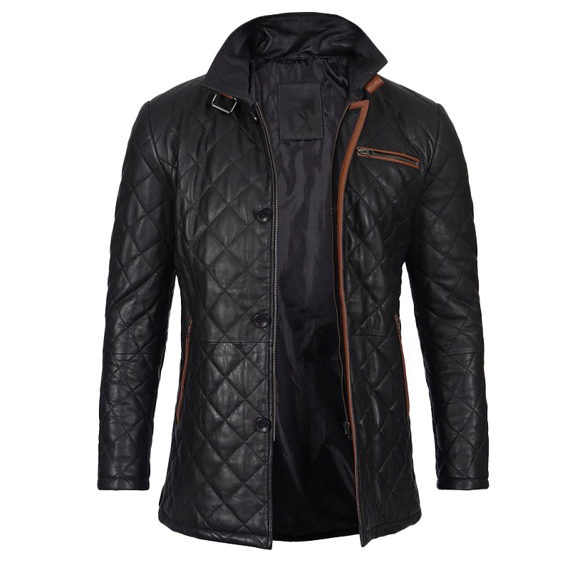 Glen Men Black Quilted Leather Car Coat
